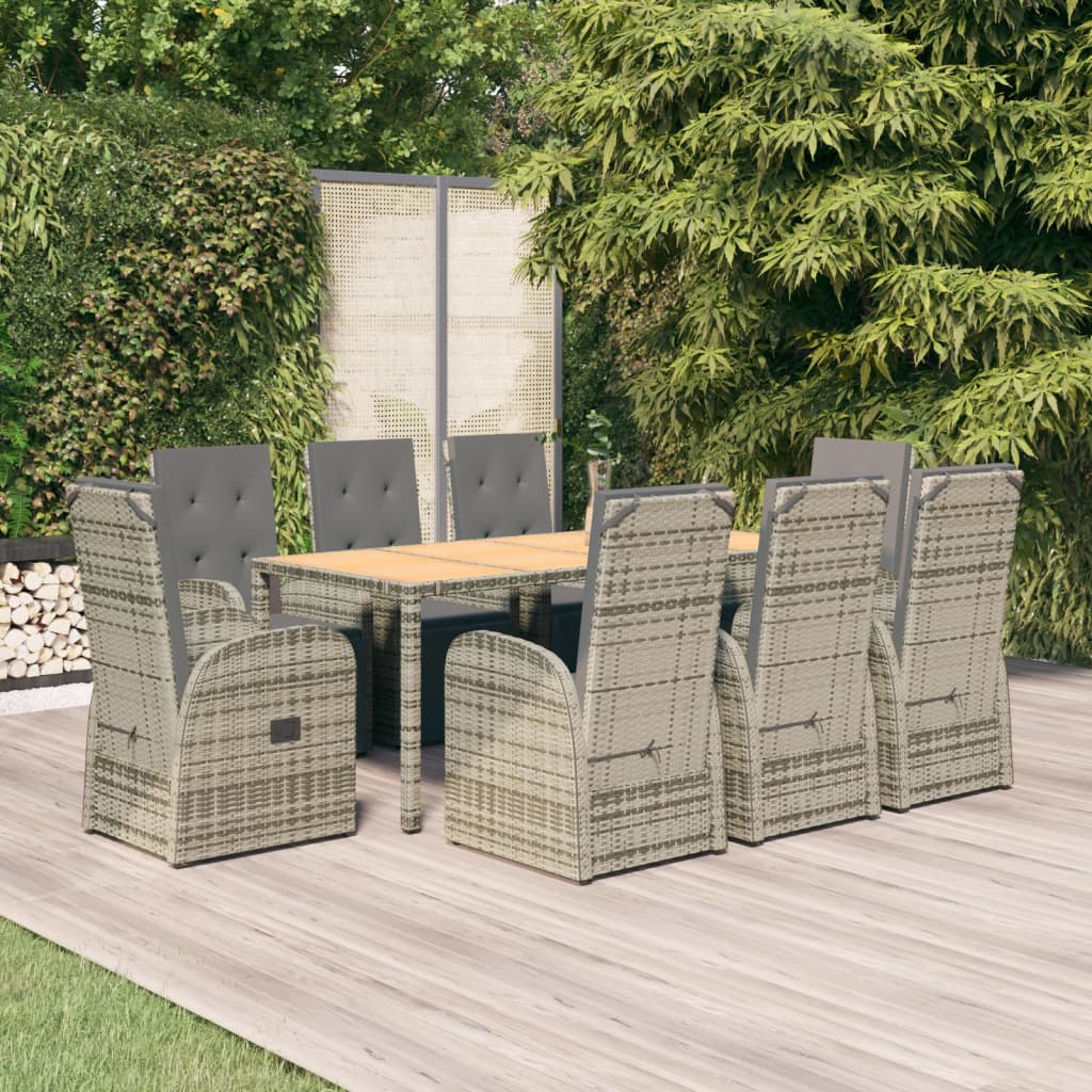 9 Piece Garden Dining Set Grey Poly Rattan&Solid Wood Acacia