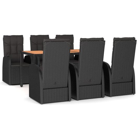 7 Piece Garden Dining Set Black Poly Rattan&Solid Wood Acacia