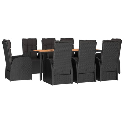 9 Piece Garden Dining Set Black Poly Rattan&Solid Wood Acacia