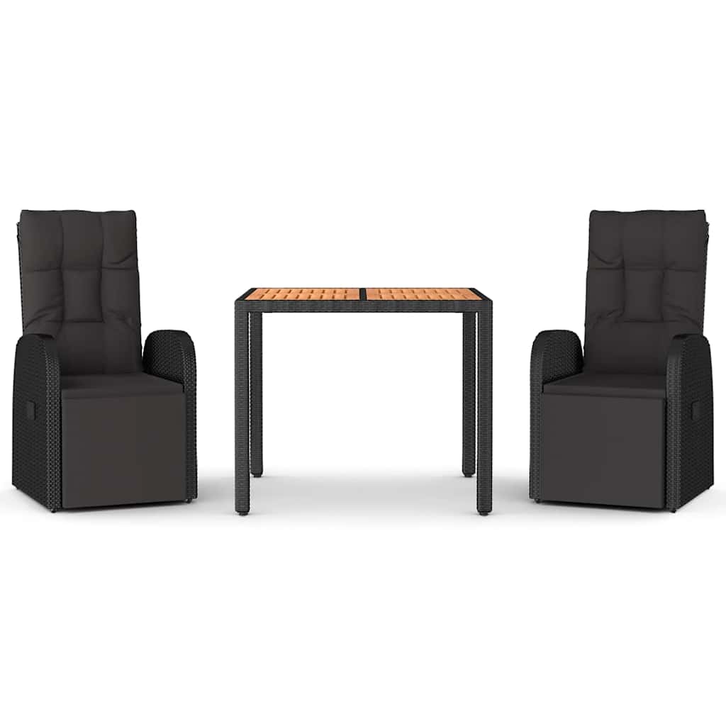 3 Piece Garden Dining Set Black Poly Rattan&Solid Wood Acacia