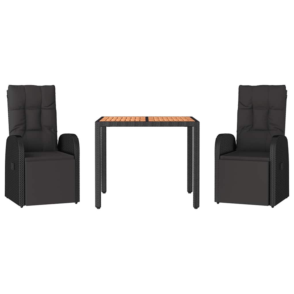 3 Piece Garden Dining Set Black Poly Rattan&Solid Wood Acacia