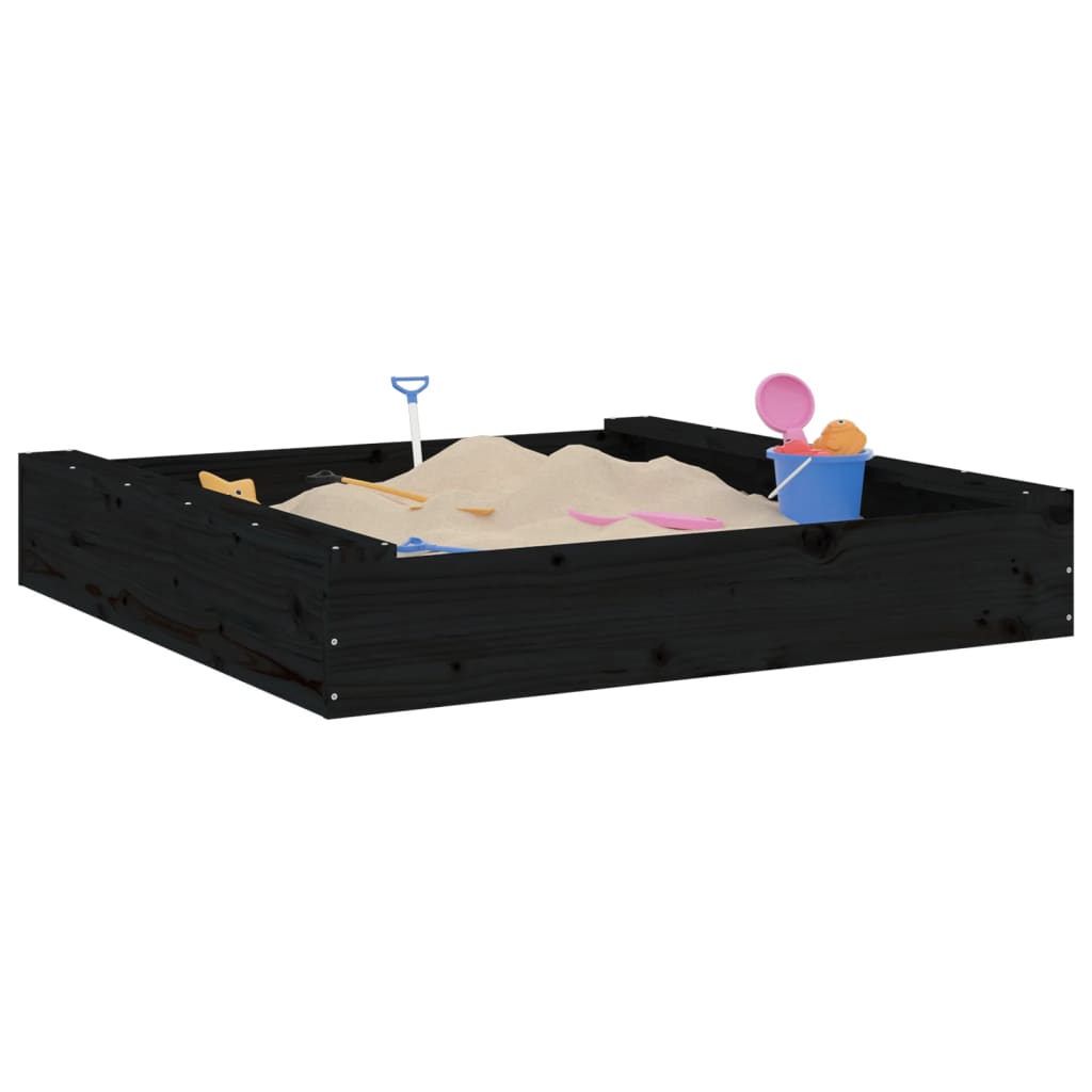 Sandbox with Seats Black Square Solid Wood Pine