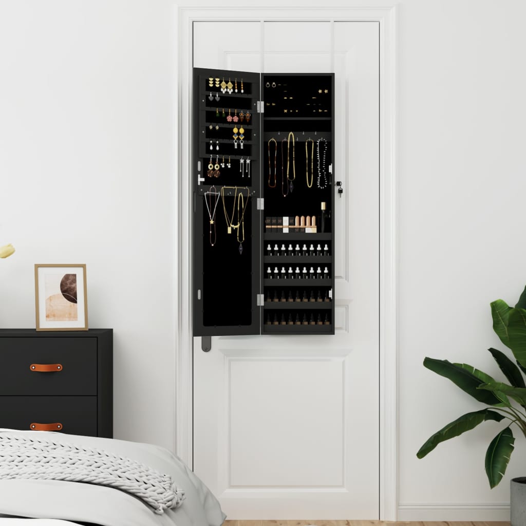 Mirror Jewellery Cabinet Wall Mounted Black 30x8.5x106 cm