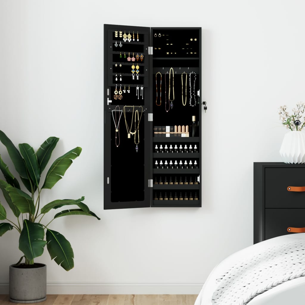 Mirror Jewellery Cabinet Wall Mounted Black 30x8.5x106 cm