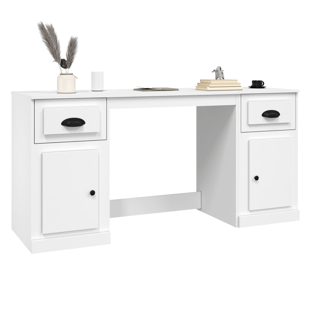 Desk with Cabinet White Engineered Wood