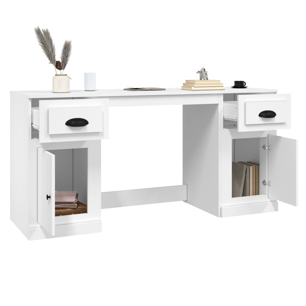 Desk with Cabinet White Engineered Wood