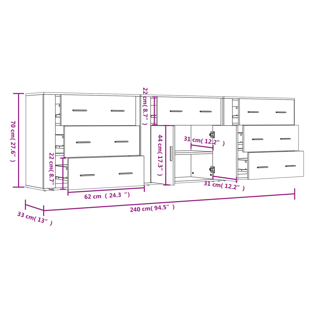 Sideboard | Set of 3 | Sonoma Oak | Engineered Wood | Medium | Sideboard