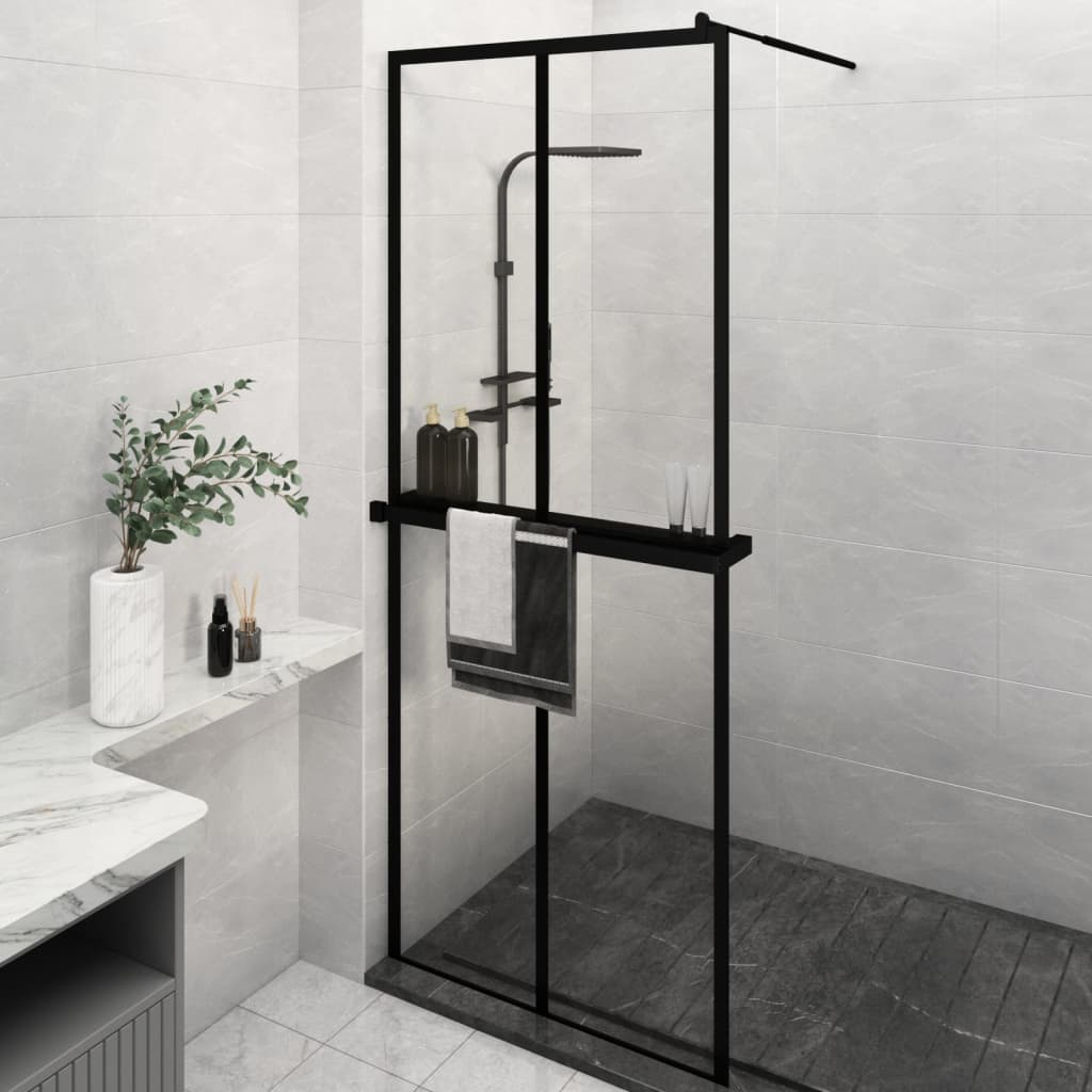 Walk-in Shower Wall with Shelf Black 80x195 cm ESG Glass&Aluminium