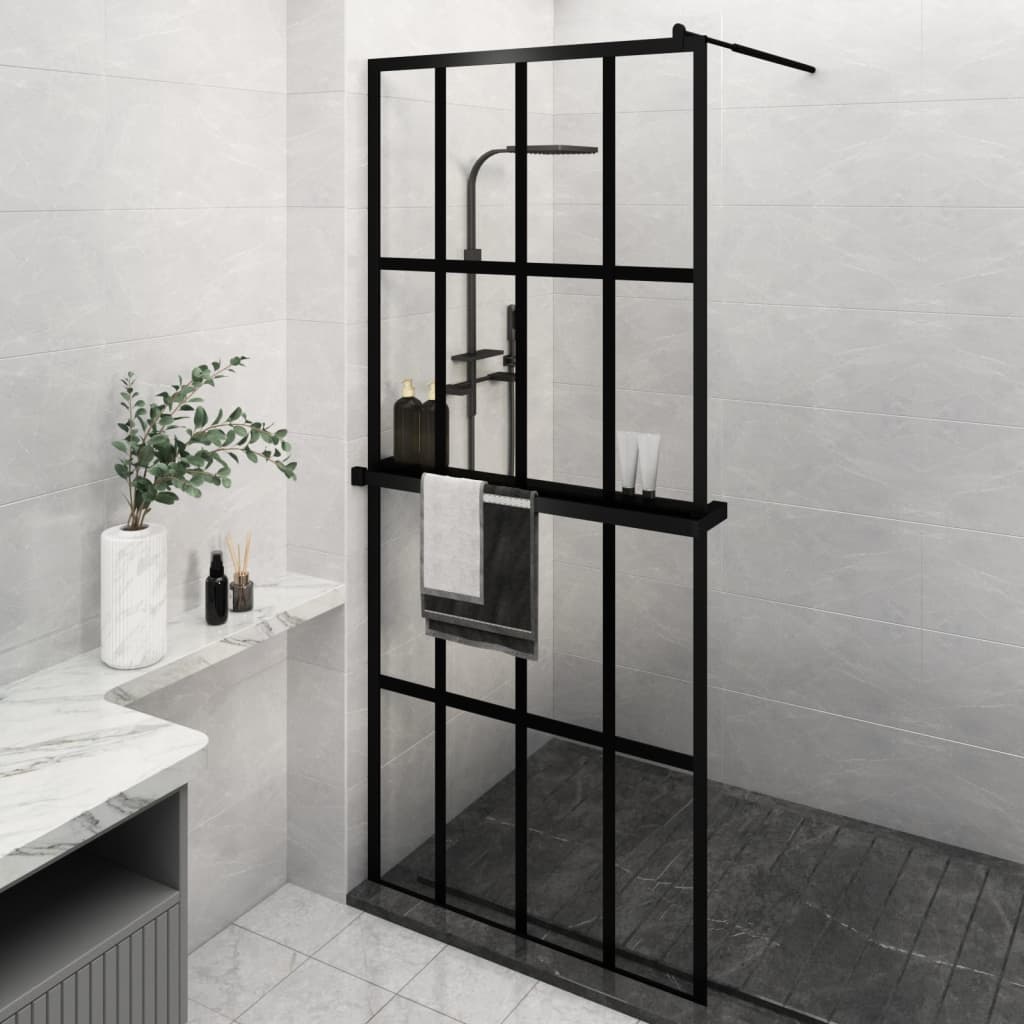 Walk-in Shower Wall with Shelf Black 90x195 cm ESG Glass&Aluminium