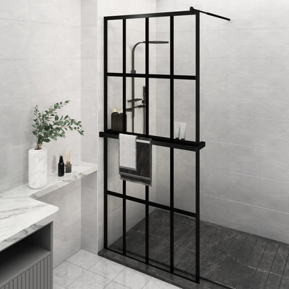 Walk-in Shower Wall with Shelf Black 90x195 cm ESG Glass&Aluminium