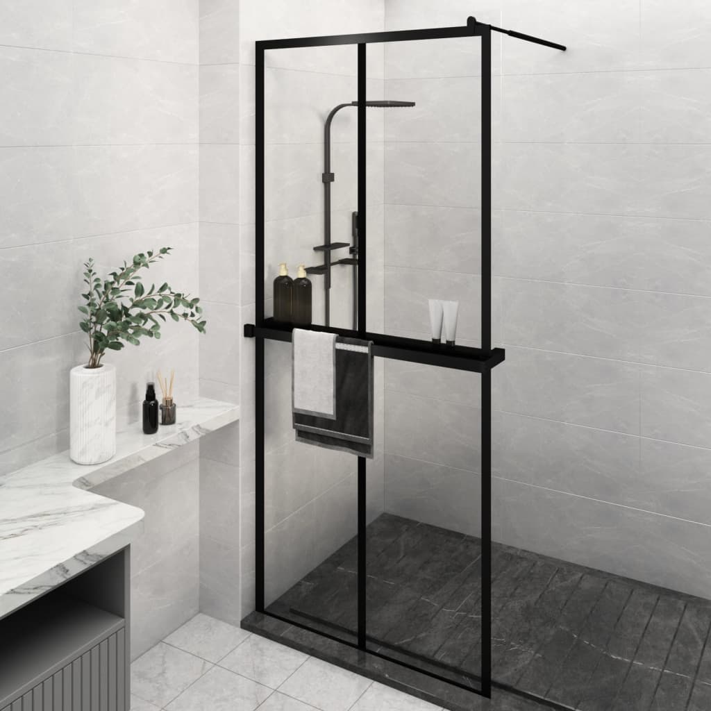 Walk-in Shower Wall with Shelf Black 90x195 cm