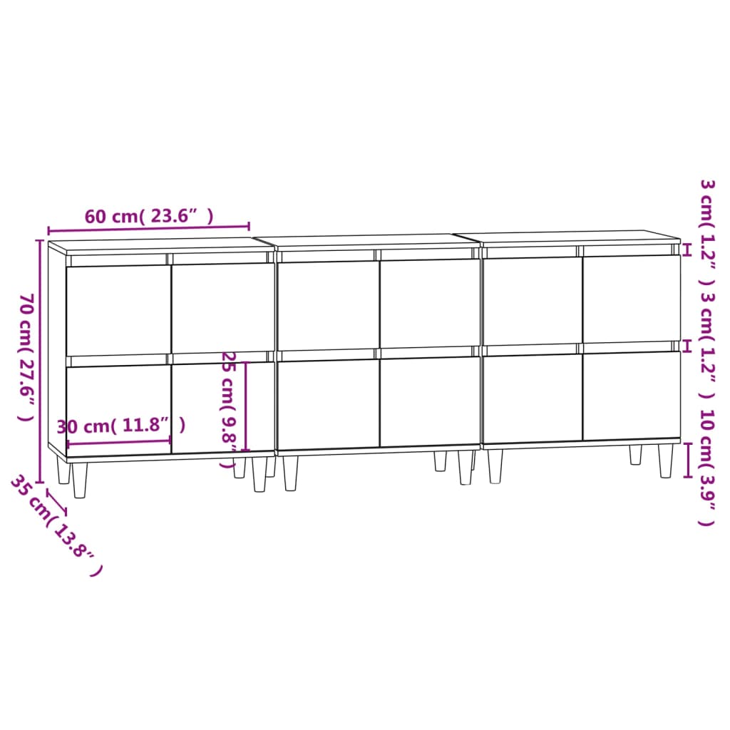 Sideboards 3 pcs Sonoma Oak 60x35x70 cm Engineered Wood
