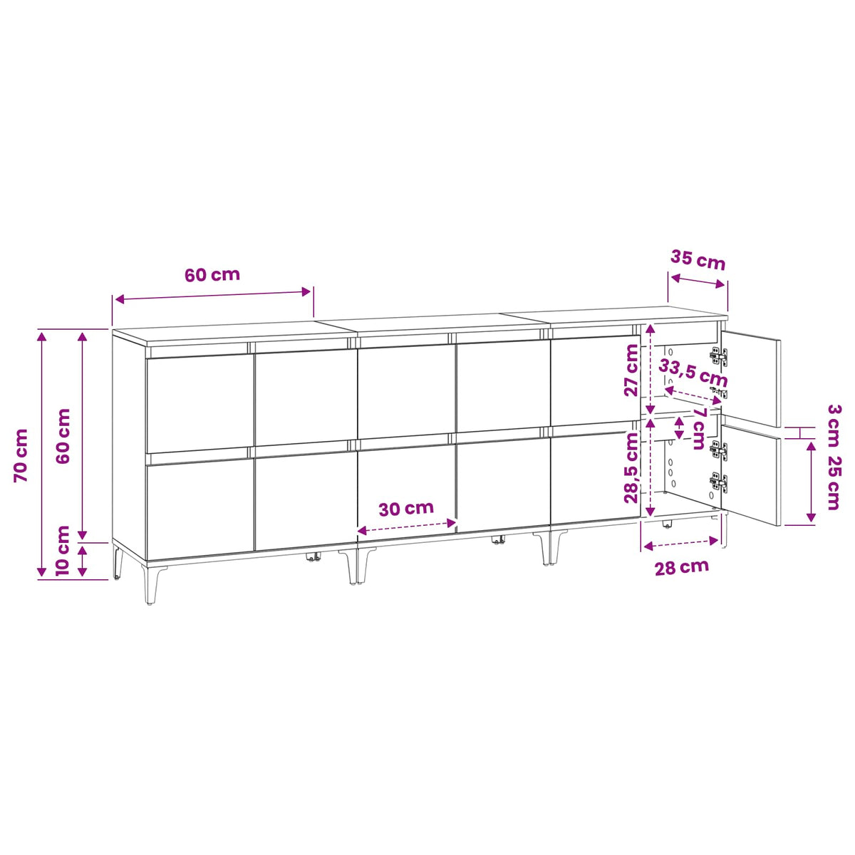 Sideboards 3 pcs Concrete Grey 60x35x70 cm Engineered Wood