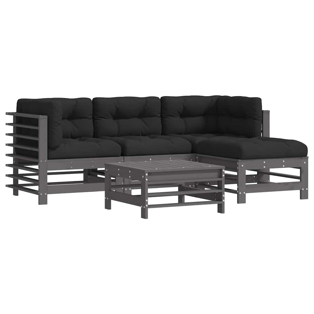5 Piece Garden Lounge Set with Cushions Grey Solid Wood