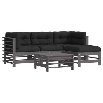 5 Piece Garden Lounge Set with Cushions Grey Solid Wood