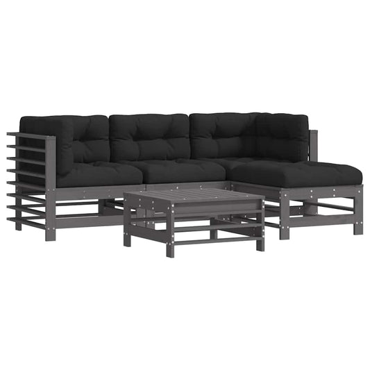 5 Piece Garden Lounge Set with Cushions Grey Solid Wood