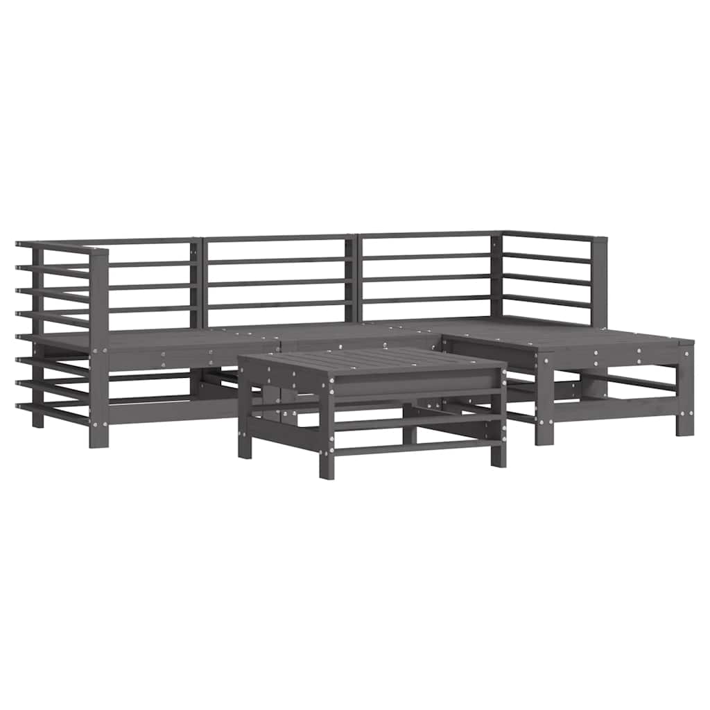 5 Piece Garden Lounge Set with Cushions Grey Solid Wood