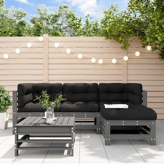 5 Piece Garden Lounge Set with Cushions Grey Solid Wood