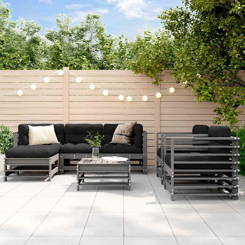 7 Piece Garden Lounge Set with Cushions Grey Solid Wood