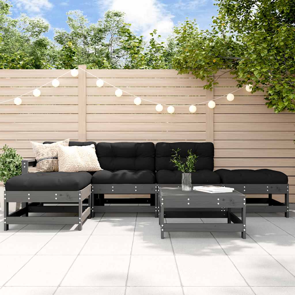 6 Piece Garden Lounge Set with Cushions Grey Solid Wood