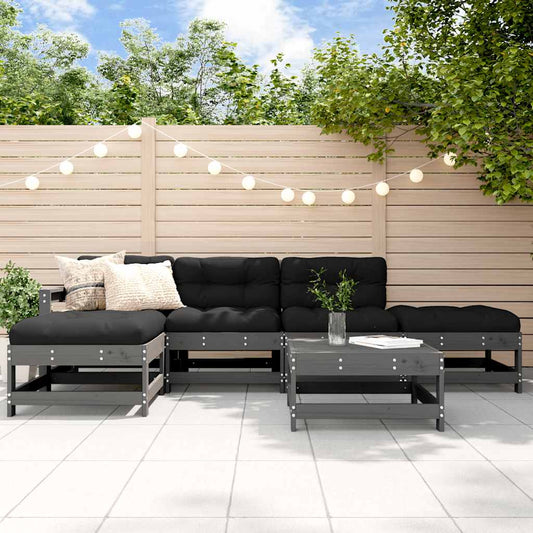 6 Piece Garden Lounge Set with Cushions Grey Solid Wood