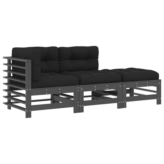 3 Piece Garden Lounge Set with Cushions Grey Solid Wood
