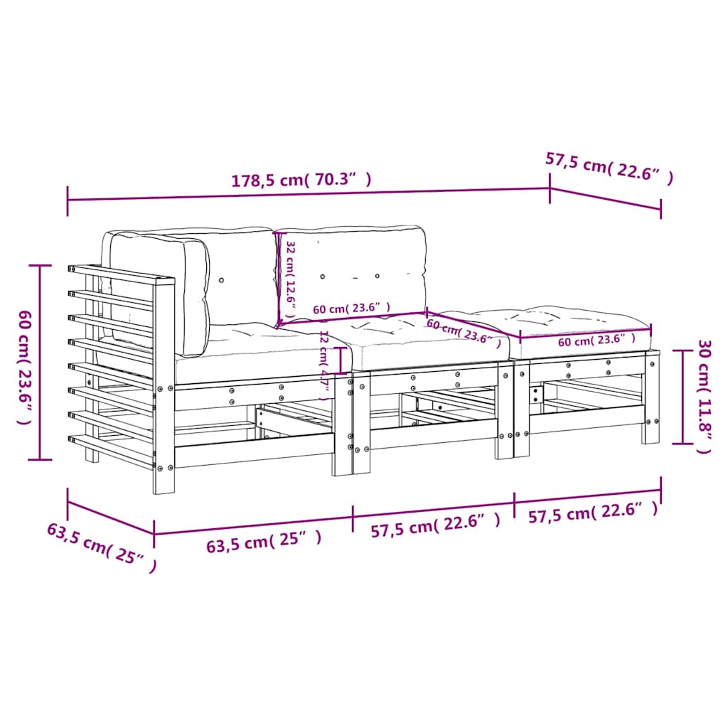 3 Piece Garden Lounge Set with Cushions Grey Solid Wood