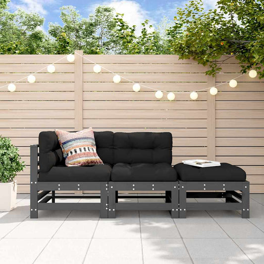 3 Piece Garden Lounge Set with Cushions Grey Solid Wood