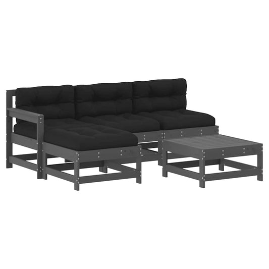 5 Piece Garden Lounge Set with Cushions Grey Solid Wood