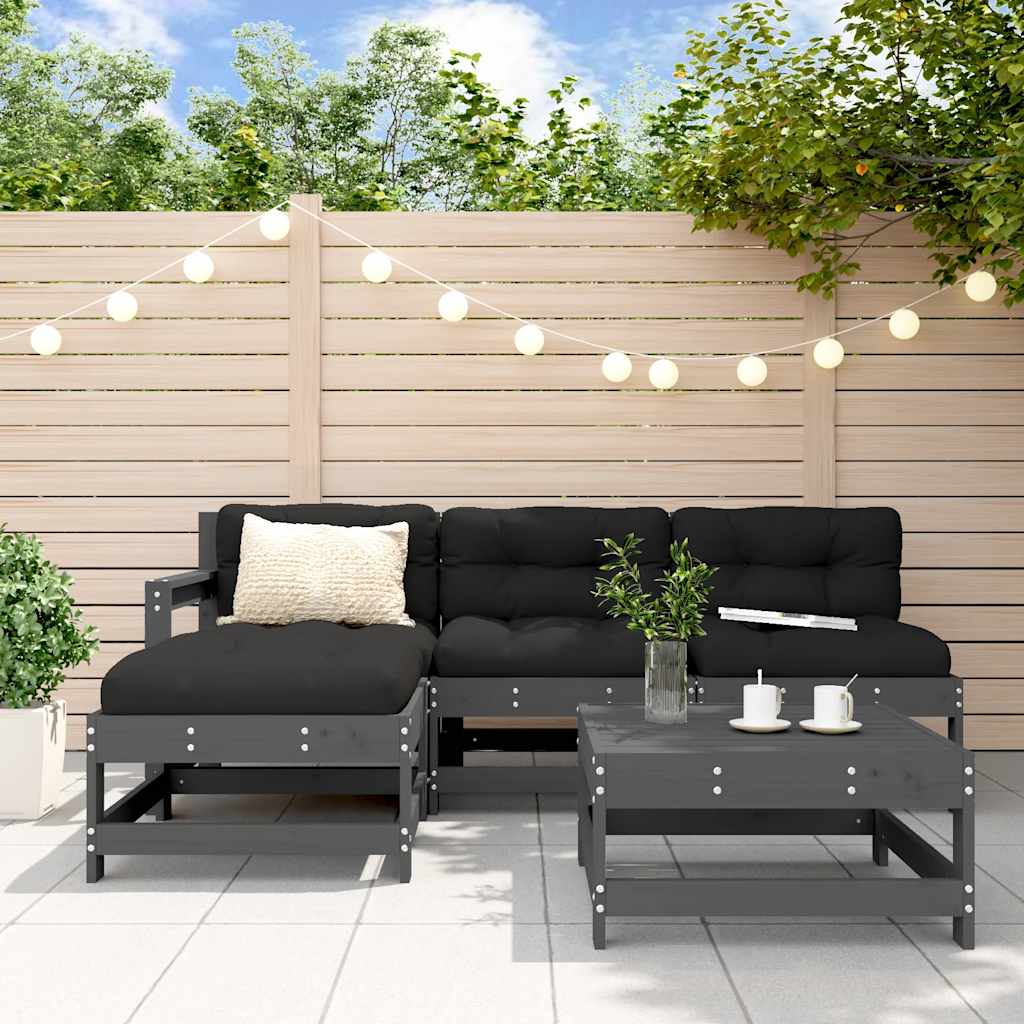 5 Piece Garden Lounge Set with Cushions Grey Solid Wood