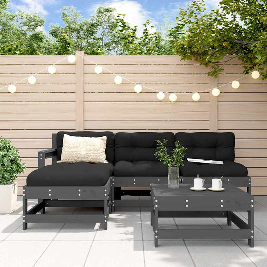 5 Piece Garden Lounge Set with Cushions Grey Solid Wood