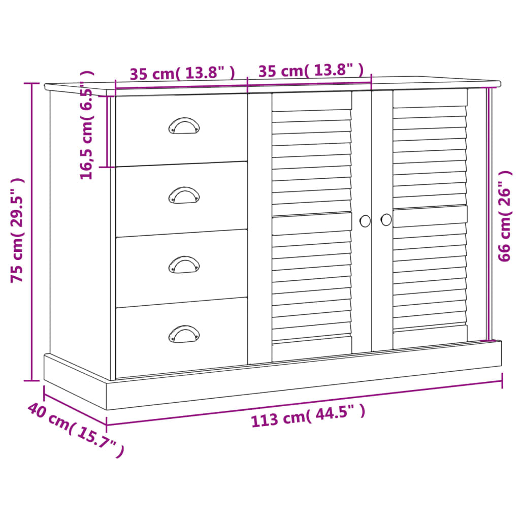 Sideboard with Drawers VIGO 113x40x75 cm White Solid Wood Pine