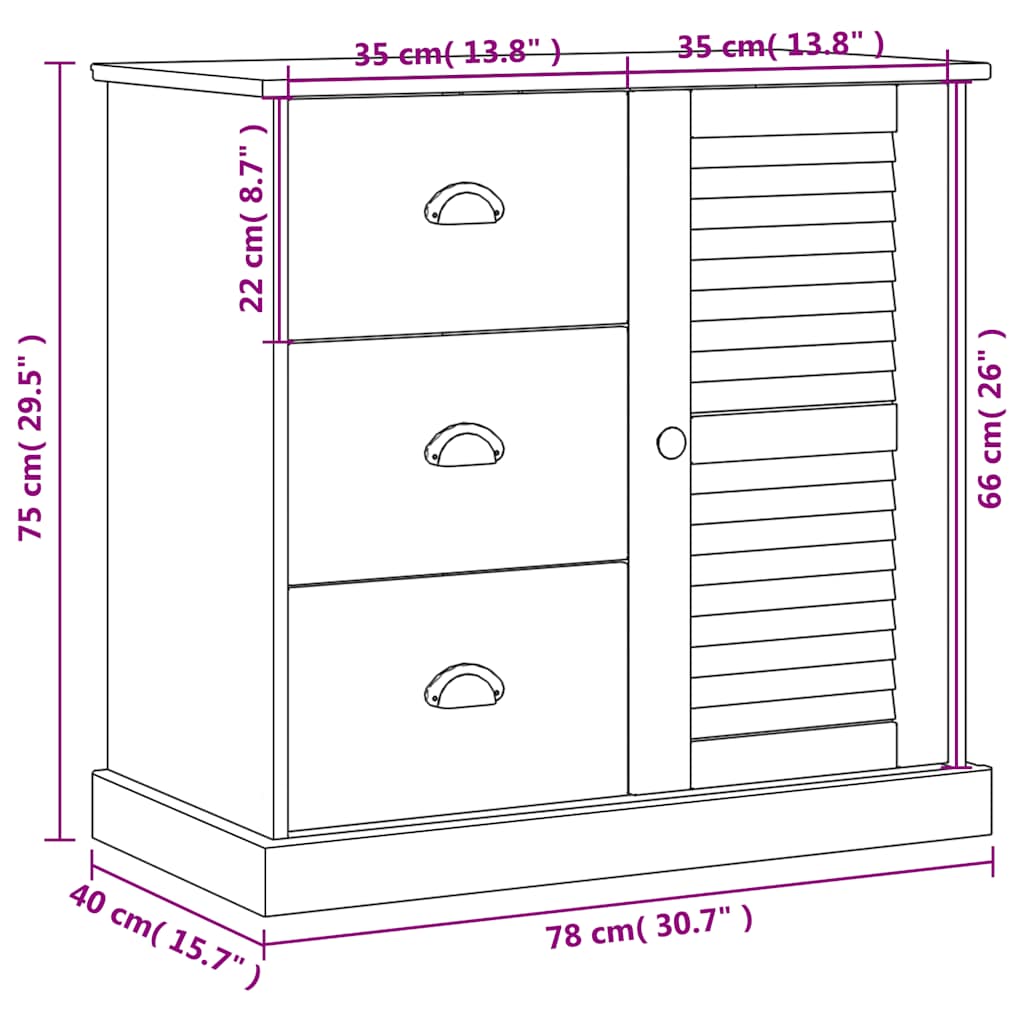 Sideboard with Drawers VIGO 78x40x75 cm White Solid Wood Pine