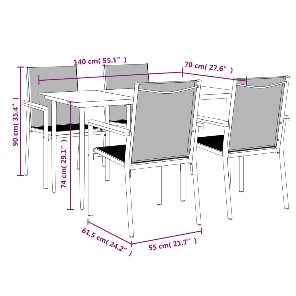 5 Piece Garden Dining Set Black Textilene and Steel