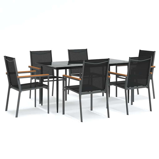 7 Piece Garden Dining Set Black Textilene and Steel