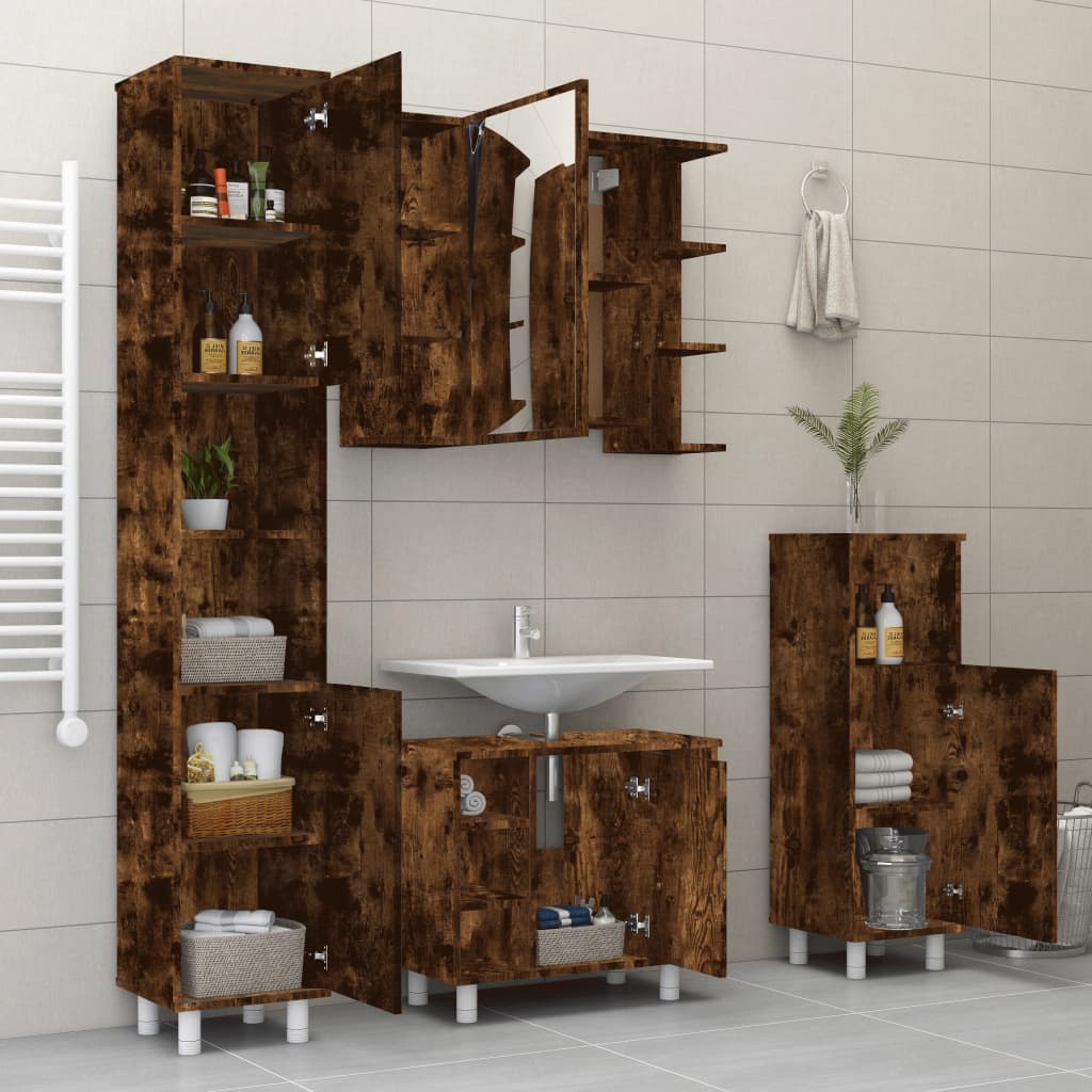 4 Piece Bathroom Cabinet Set Smoked Oak Engineered Wood