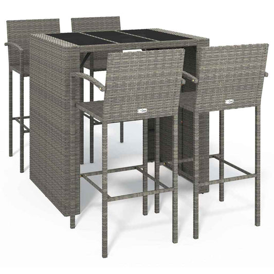 Garden Bar Set | Grey | PE Rattan, Powder-Coated Steel, Tempered Glass