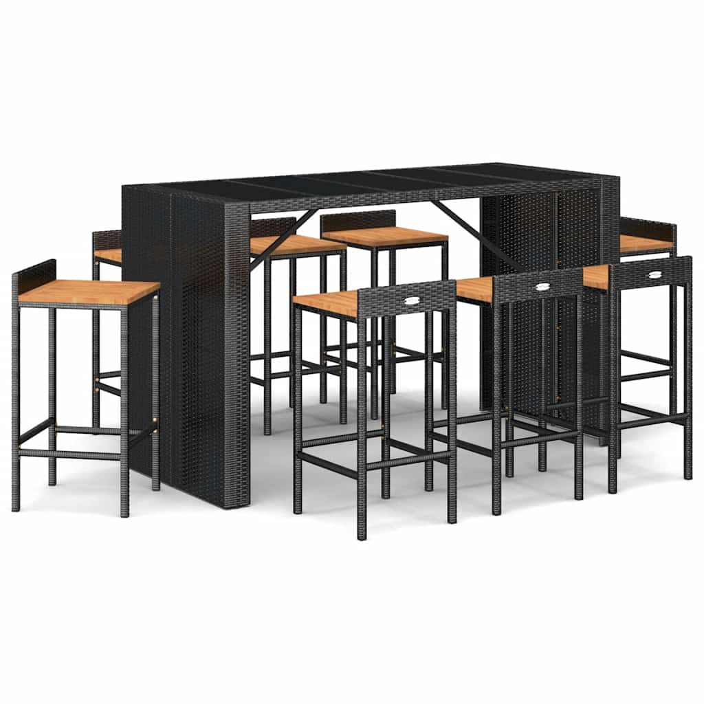 9 Piece Garden Bar Set Black Poly Rattan& Solid Wood Acacia