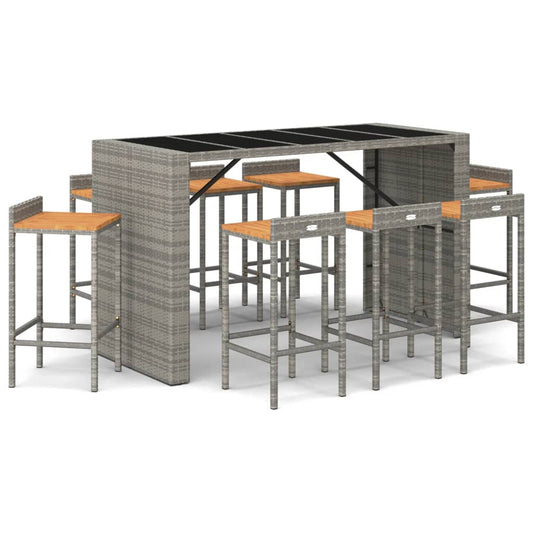 9 Piece Garden Bar Set Grey Poly Rattan& Solid Wood Acacia