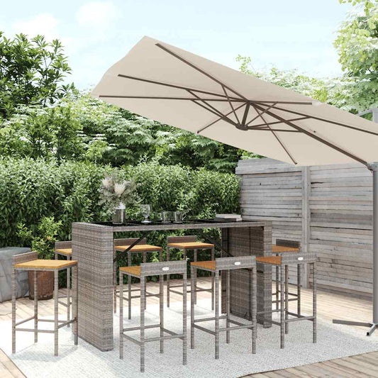 9 Piece Garden Bar Set Grey Poly Rattan& Solid Wood Acacia