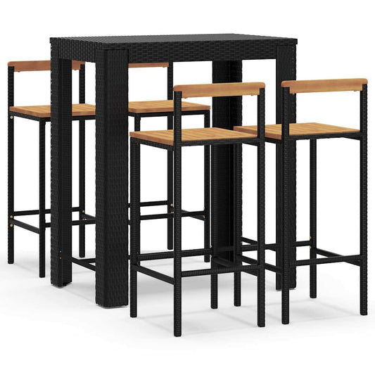 5 Piece Garden Bar Set Black Poly Rattan&Solid Wood Acacia