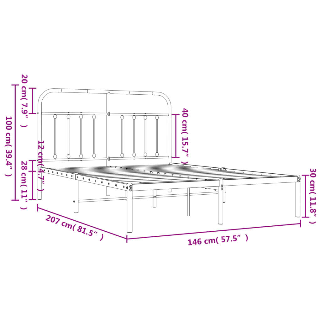 Bed Frame | Black | Steel | 140x200cm | Metal Bed Frame | Rectangular