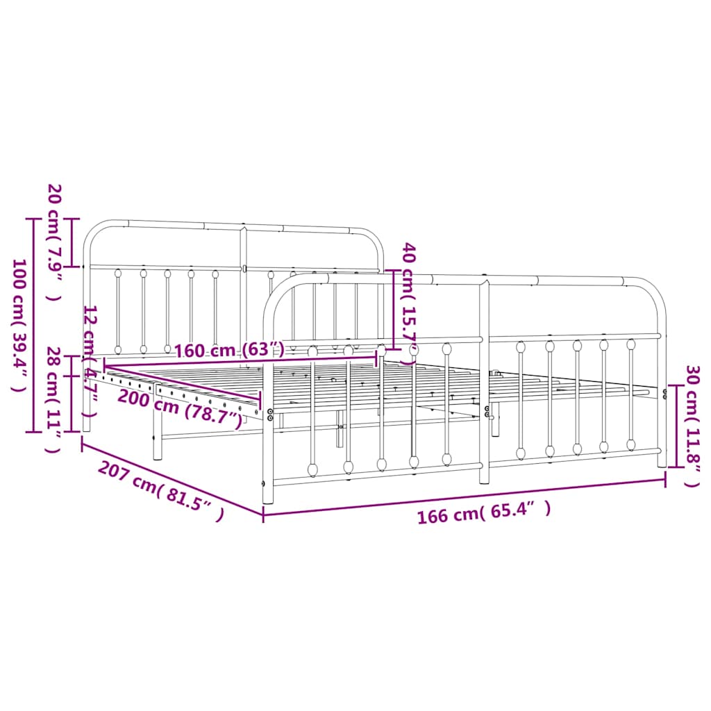 Metal Bed Frame without Mattress with Footboard White 160x200cm