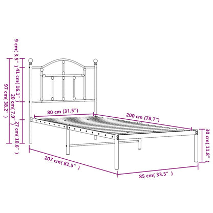Metal Bed Frame without Mattress with Headboard Black 80x200cm