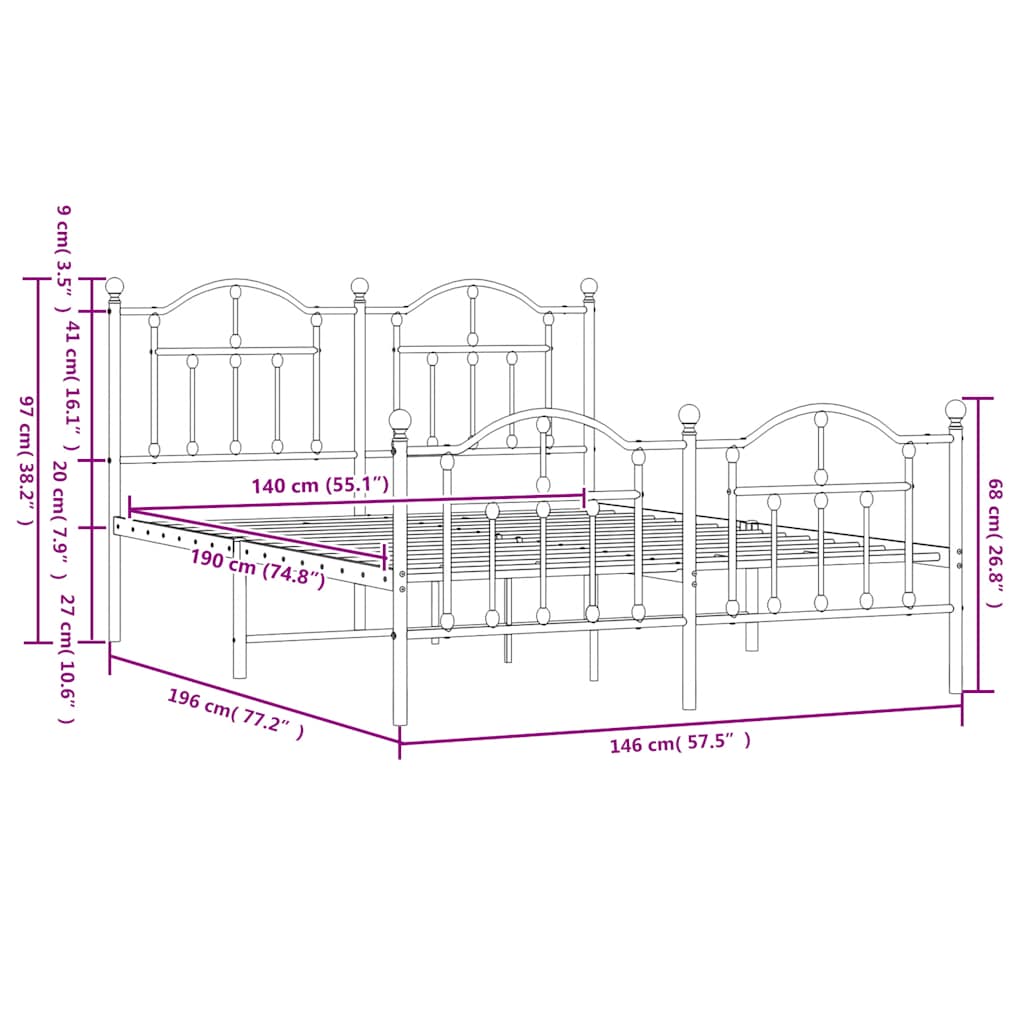 Metal Bed Frame without Mattress with Footboard Black 140x190cm