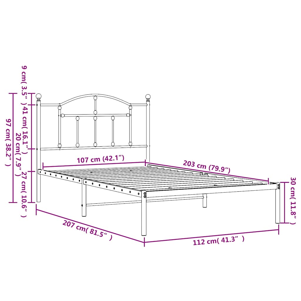 Metal Bed Frame without Mattress with Headboard White 107x203cm