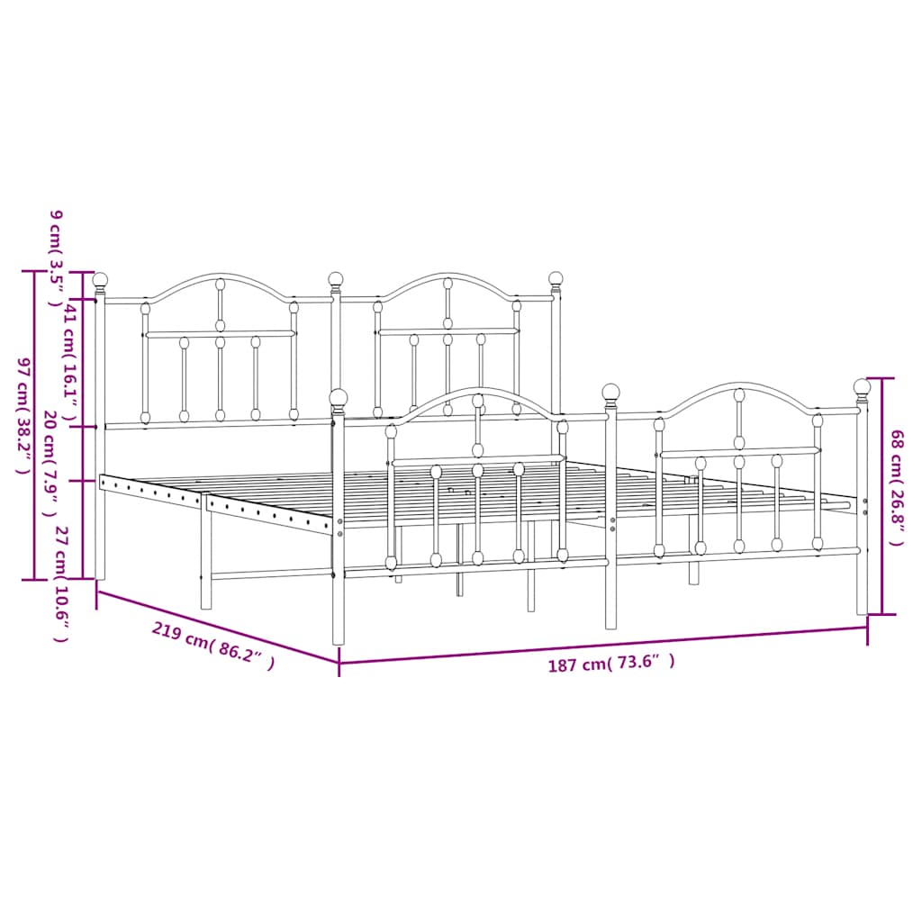 Metal Bed Frame without Mattress with Footboard White 183x213cm