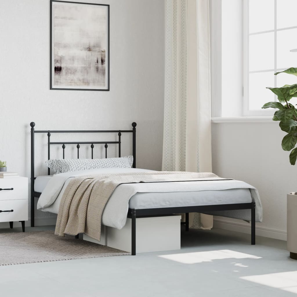 Metal Bed Frame without Mattress with Headboard Black 107x203cm