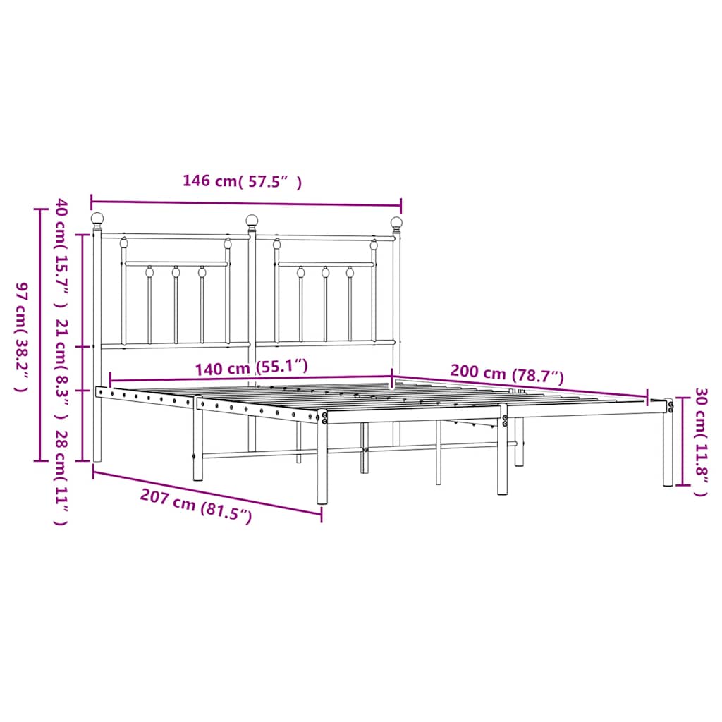 Bed Frame | Black | Steel | 140x200 cm | Bed Frame | Rectangular