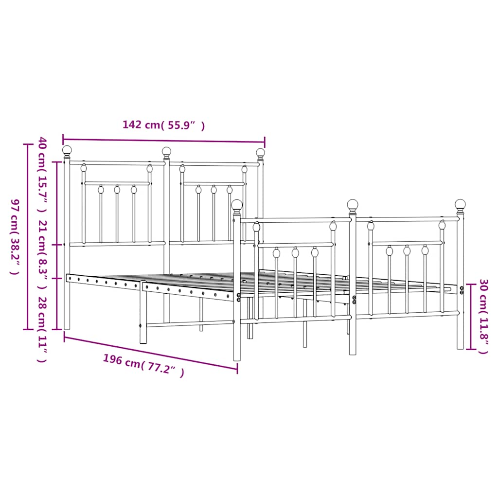 Metal Bed Frame without Mattress with Footboard White 135x190cm